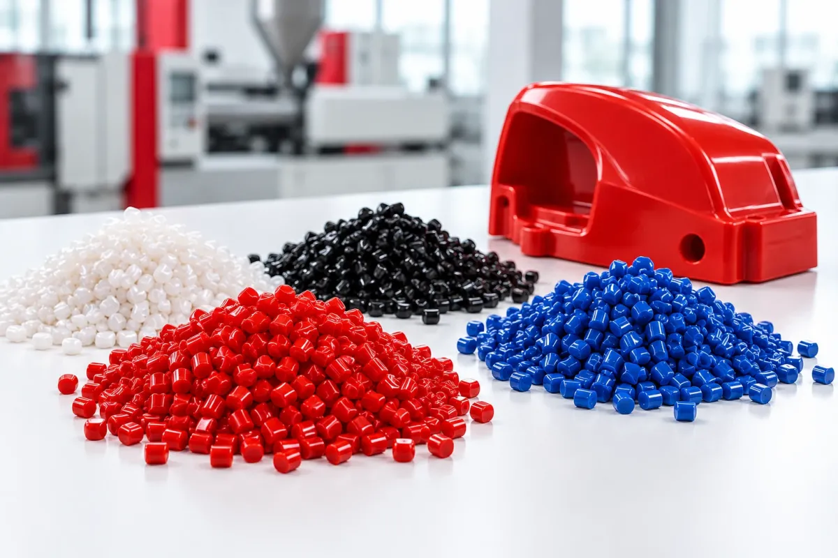 Butiran plastic masterbatch merah, putih, hitam, dan biru dengan contoh komponen plastik