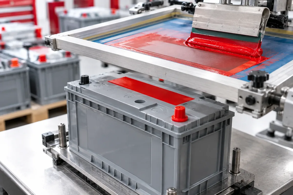 Sablon tinta merah di atas casing aki plastik dengan rangka screen dan rakel
